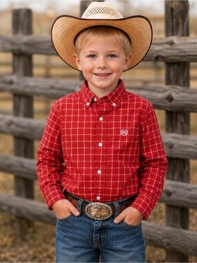 NWT Panhandle Select Boys Red Plaid Western Cowboy Button Down Shirt Size 4 XS
